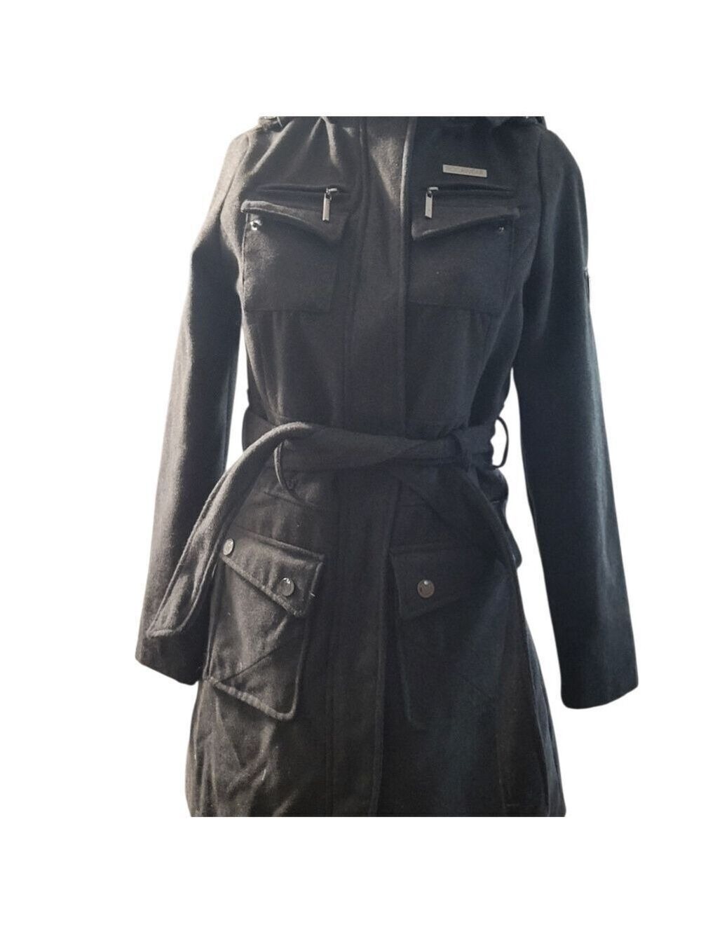 Rocawear Black Wool Belted Hooded Jacket with Logo Pattern Small - Picture 3 of 6